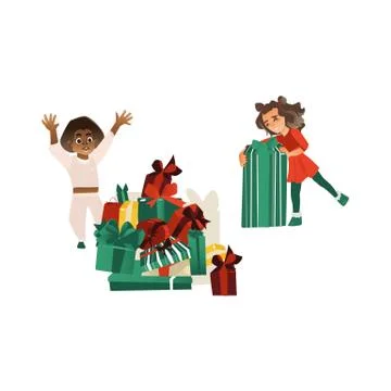 Vector flat girl and boy with big present box Illustrazione stock