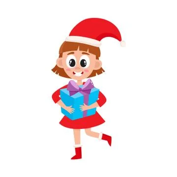 Vector flat girl in christmas hat with present box Stock Illustration