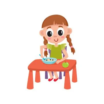 Vector flat girl eats apple and porridge Stock Illustration