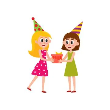 Vector flat girl giving present box to woman 스톡 일러스트