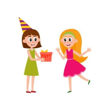 Vector flat girl giving present box to woman Stock Illustration