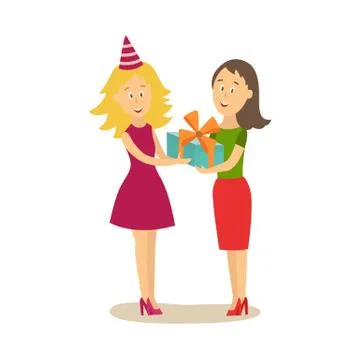 Vector flat girl giving present box to woman Illustrazione stock