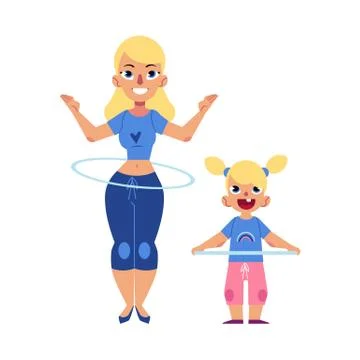 Vector flat girl kid and woman hula hoop exercise Illustrazione stock