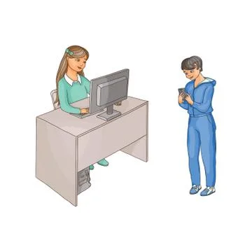Vector flat girl using pc, boy with smartphone Illustrazione stock