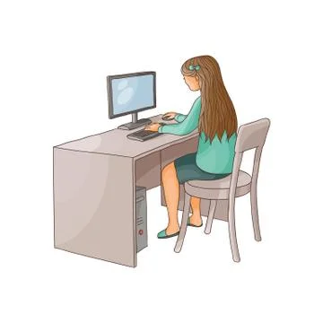 Vector flat girl using pc sitting at desktop Stock Illustration