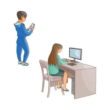 Vector flat girl using pc, boy with smartphone イラスト素材