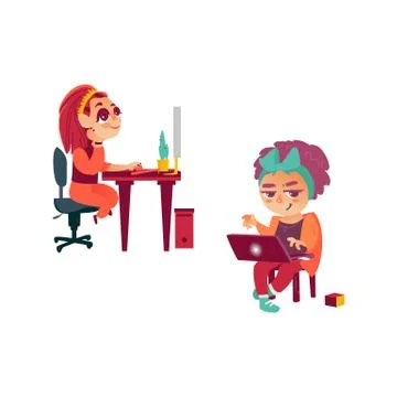 Vector flat girl using pc, kid with laptop イラスト素材