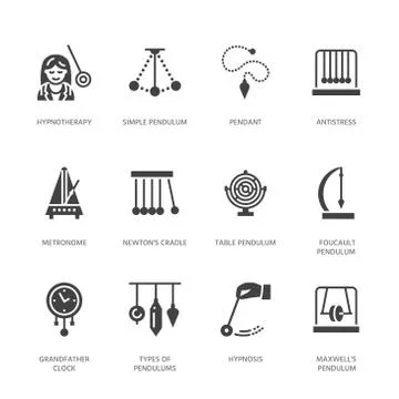 Vector flat glyph icons of pendulums types. Newton cradle, metronome, table Stock Illustration