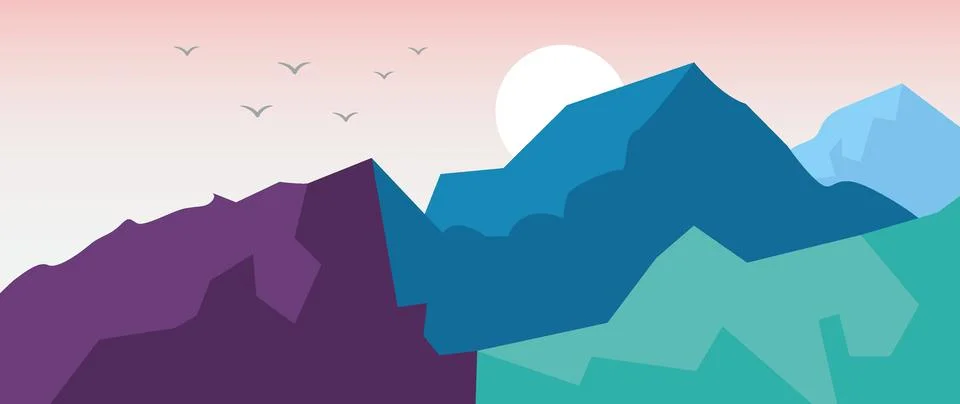 Vector flat gradient illustration. Beautiful nature with mountains, birds and Stockillustratie
