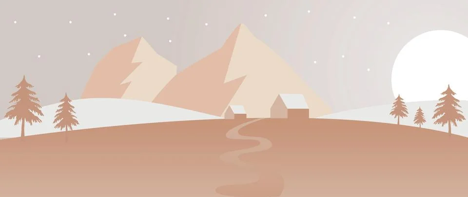 Vector flat gradient illustration. Beautiful nature with mountains, houses and Stockillustratie