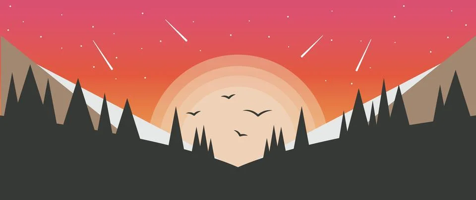 Vector flat gradient illustration. Beautiful nature with mountains and forests Stockillustratie