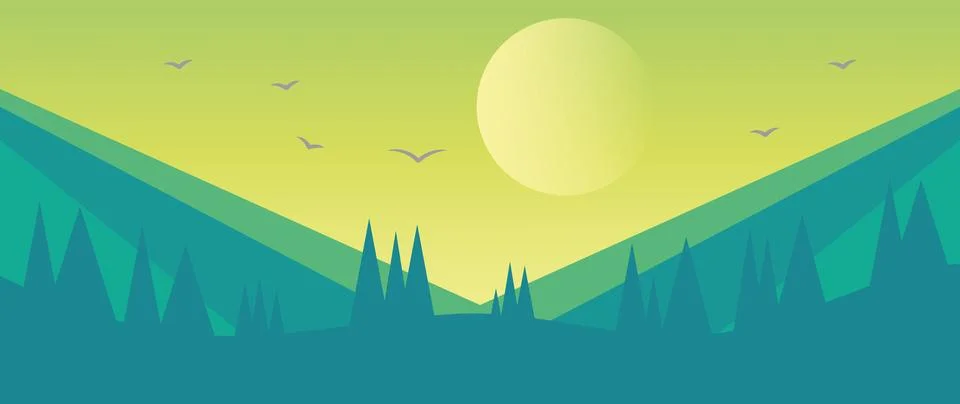 Vector flat gradient illustration. Beautiful nature with mountains and forests Stockillustratie