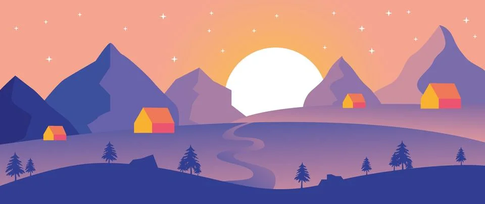 Vector flat gradient illustration. Beautiful nature with mountains, houses and Stockillustratie