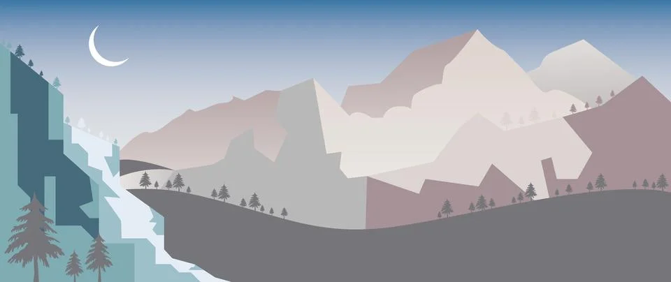 Vector flat gradient illustration. Beautiful nature with mountains, rocks and Stockillustratie