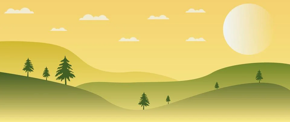 Vector flat gradient illustration. Beautiful nature with mountains and forests Stockillustratie