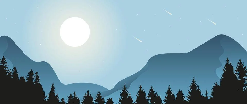 Vector flat gradient illustration. Beautiful nature with mountains, forests and Stockillustratie