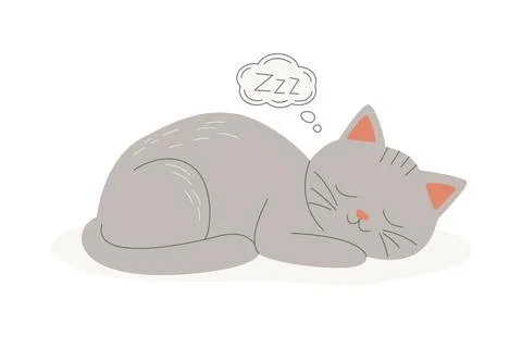 Vector Flat Grey Sleeping Cat. Cartoon Cat Sleeping Icon Isolated. Cute and Stock Illustration