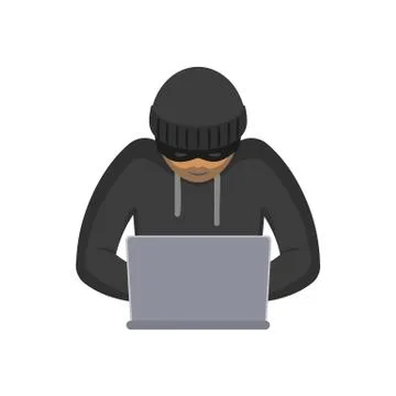 Vector flat hacker with laptop isolated Stockillustratie