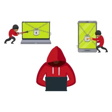 Vector flat hacker stealing money set 스톡 일러스트