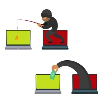 Vector flat hacker stealing money set Illustrazione stock