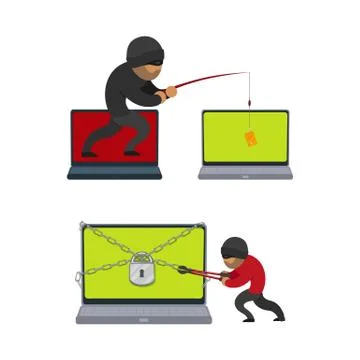 Vector flat hacker stealing money set Stock Illustration