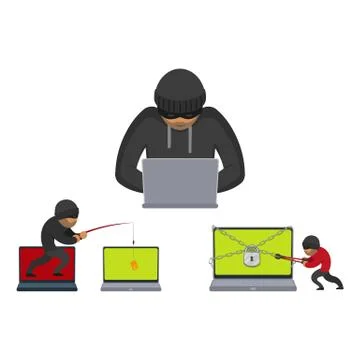 Vector flat hacker stealing money set Illustrazione stock