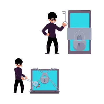 Vector flat hacker stealing money set Stock Illustration