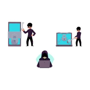 Vector flat hacker stealing money set 스톡 일러스트
