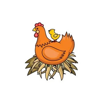 Vector flat hand drawn chicken in nest isolated 스톡 일러스트