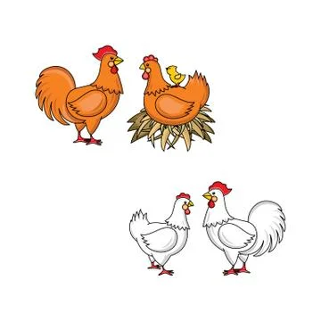 Vector flat hand drawn rooster, chicken set 스톡 일러스트