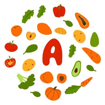 Vector flat hand drawn veggies and fruits rich in vitamin A Stock Illustration