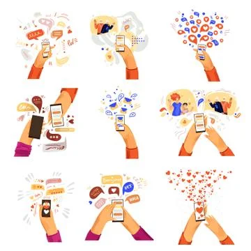 Vector flat hands with phone illustrations. Communication online, smartphone Stock Illustration