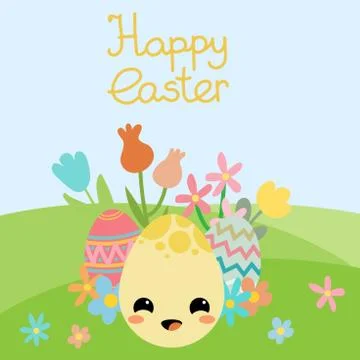 Vector flat happy cute cartoon funny kawaii egg. Stock Illustration