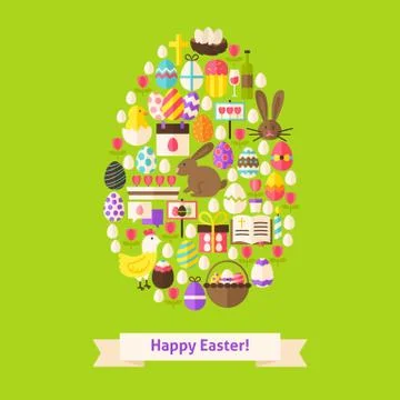 Vector Flat Happy Easter Objects Concept Egg Shaped 库存插图