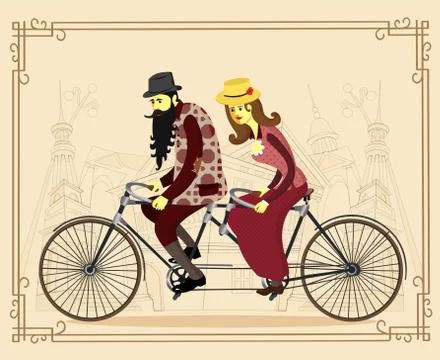 Vector flat happy mature man and woman riding old retro tandem bicycle. Love  Stock Illustration