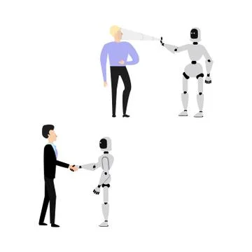 Vector flat human cyborg handshake, scanning Stock Illustration