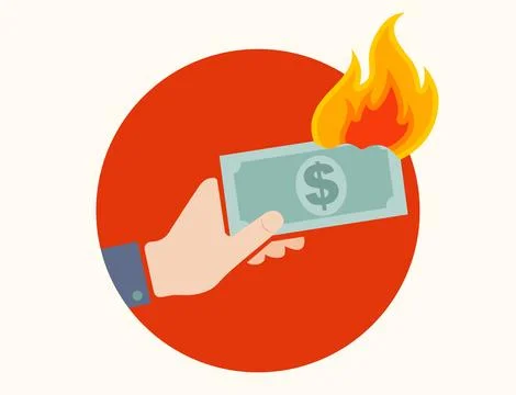 Vector flat icon of hand with cash in fire. Stock Illustration