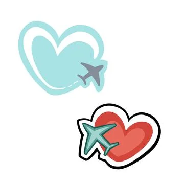 Vector flat icon illustration of airplane and heart sign. Honeymoon concept.. Stock Illustration