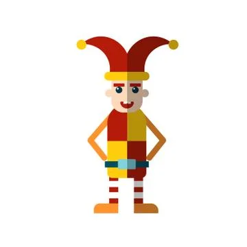 Vector flat icon of the royal jester fool in funny clothes and a hat with bells Stock Illustration