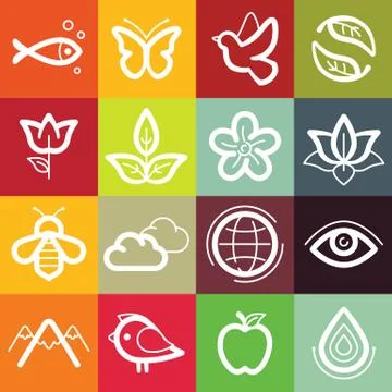 Vector flat icon set - nature, flora and fauna Stock Illustration