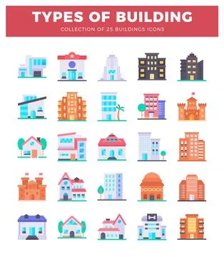 Vector flat icons of 25 different building types on a white background Stock Illustration