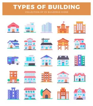 Vector flat icons of 25 different building types in a grid layout against a.. Stock Illustration