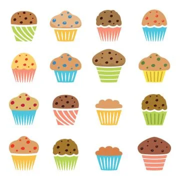 Vector flat icons of chocolate and fruit muffins, homemade cakes Illustrazione stock
