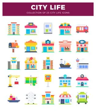 Vector flat icons of city buildings. Stock Illustration