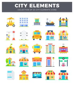 Vector flat icons of city elements including buildings. vehicles. and infra.. Illustrazione stock