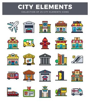 Vector flat icons of city elements and transportation 库存插图