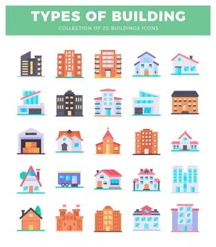 Vector flat icons of diverse building types on white background. Ilustración de archivo