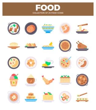 Vector flat icons of diverse food dishes displayed on white background イラスト素材