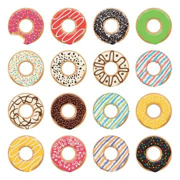 Vector flat icons of glazed colorful donuts Stock Illustration