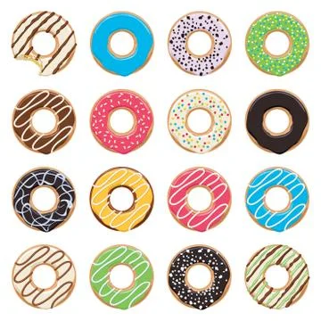 Vector flat icons of glazed colorful donuts Stock Illustration